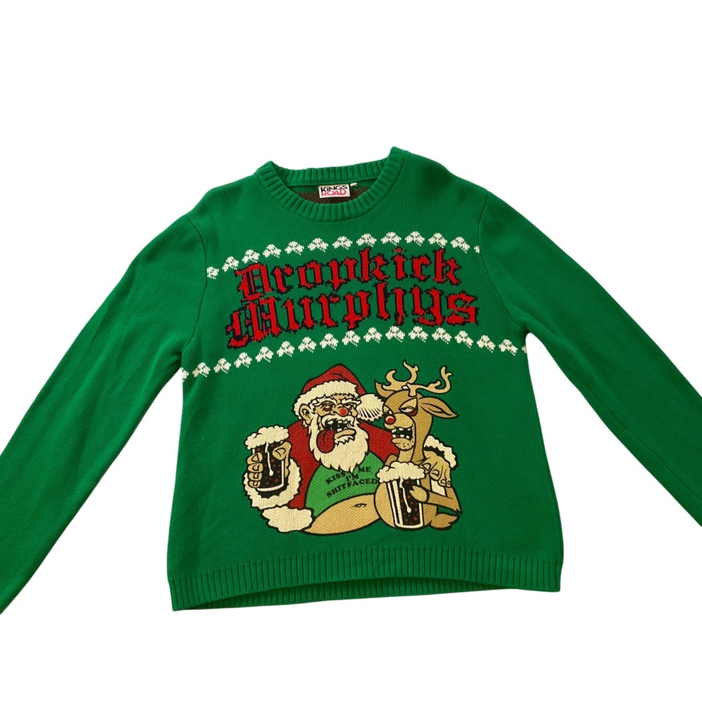Kings Road‎ D PUNK ROCK Santa Reindeer Drunk Christmas Sweater Green L